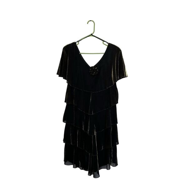 Patra | Vintage Tiered Metallic Caplet Shimmer Cocktail Dress Size 10 Black Gold - Picture 1 of 9